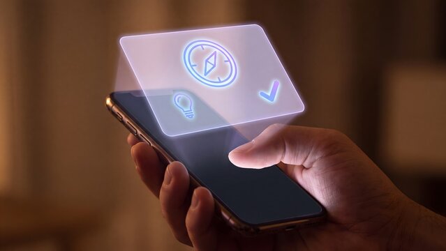Hand Touching Smartphone with Holographic Compass Navigation Lightbulb and Checkmark Icons for Direction Finding and Smart Navigation Concept in Dark Room