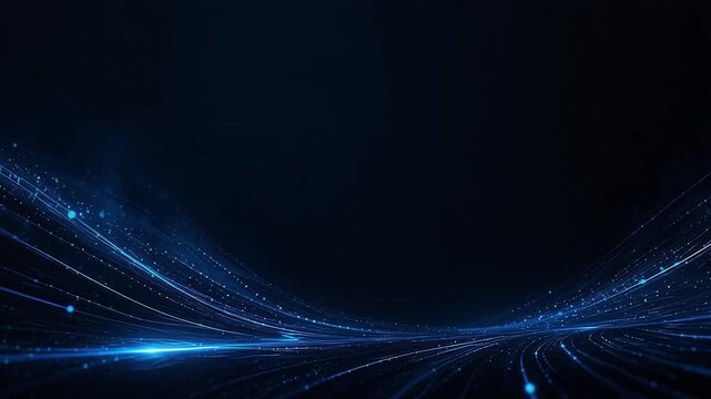 Fast-moving blue particles and luminous data trails on a dark futuristic background with copy space for AI, big data, cybersecurity, fintech, technology presentations, banners and website headers.