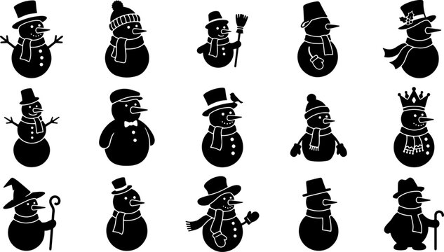 Cute black snowman silhouettes with hats and scarves for winter theme creations.