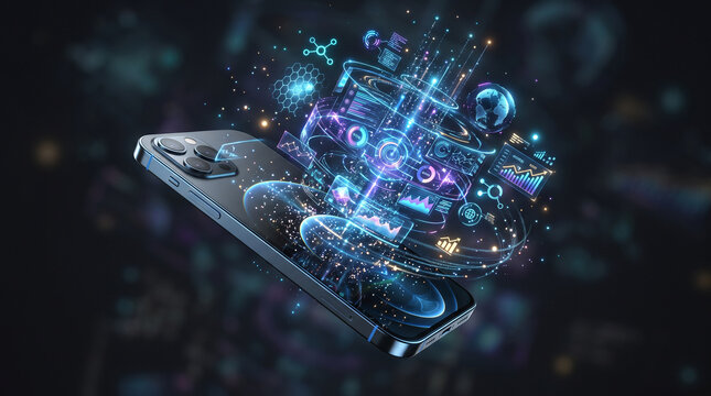 Smartphone displaying holographic interface with data charts and world globe floating above, symbolizing mobile technology and global connectivity
