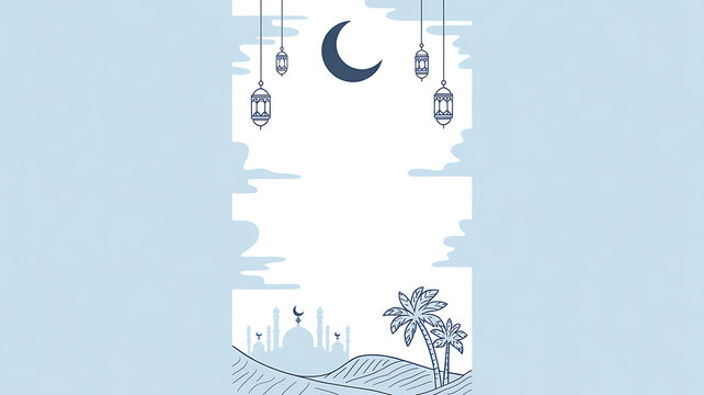Ramadan mubarak vertical background with mosque silhouette and hanging lanterns
