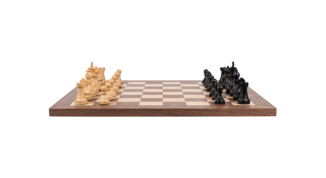 Classic wooden chess board with pieces ready for a game isolated on transparent background, PNG