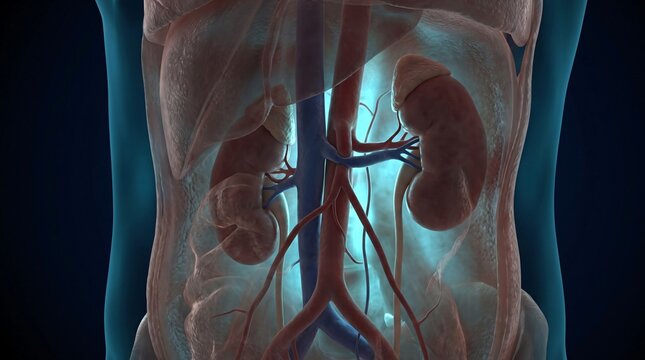 Human Urinary System with Kidneys, Ureters, and Renal Arteries
