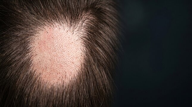 Close up of a circular bald patch on a human scalp with thinning hair