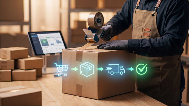 Ecommerce Order Fulfillment and Shipping Concept, worker packing parcel box with tape and order process icons of cart, package and delivery truck for online order packing and logistics delivery
