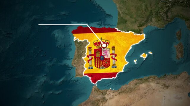 Spain Country Map with Spanish Flag Design, Spanish Map with National Coat of Arms and Location Marker, Spain Geographic Map on Satellite Terrain