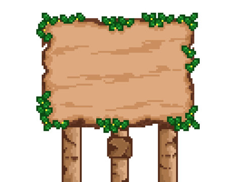 Retro pixel art large wooden notice board with three support poles and green vines with small yellow flowers, perfect for fantasy game UI, adventure maps, and village bulletin boards.
