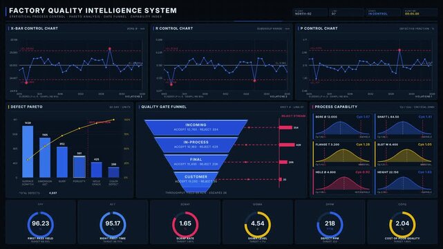 Premium 4K dark-mode factory quality intelligence system dashboard with SPC charts, Pareto analysis, and KPI orbs in sapphire and gold. professional stock footage for technology, business, and.