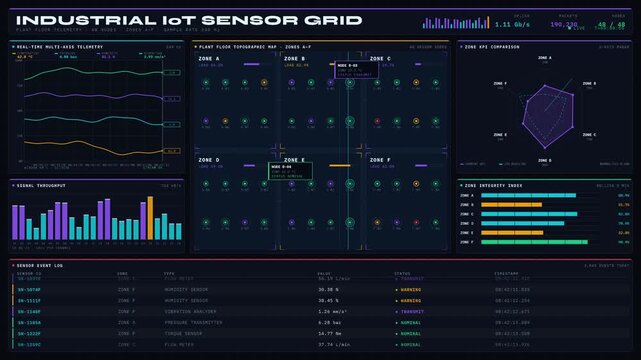Hyper-detailed 4K Remotion dark-mode industrial IoT sensor grid dashboard with glowing node pulses and real-time data charts. professional stock footage for technology, business, and editorial use.