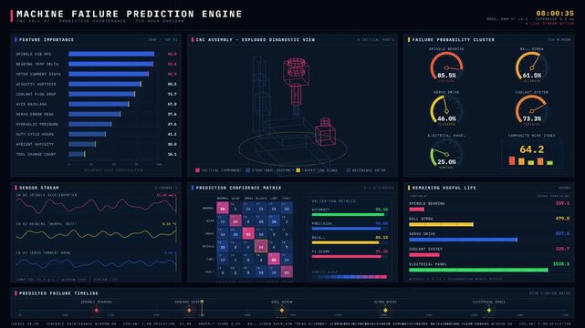 Dark cinematic 4K Remotion dashboard predicting machine failure with neon gauges and 3D CNC wireframe on deep blue background. professional stock footage for technology, business, and editorial use.