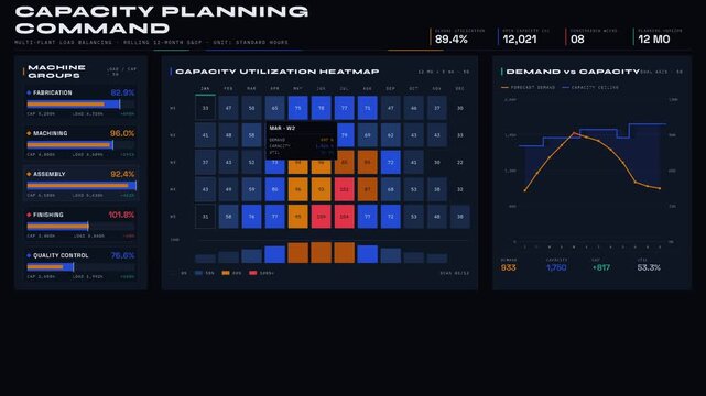 A dark-mode 4K Remotion dashboard tracking plant capacity utilization with a 12-month heatmap calendar, demand versus capacity charts, and expandable department accordions in royal blue and amber.
