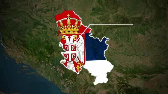 Serbia Country Map with National Flag Design, Serbian Map with Coat of Arms and Geographic Location, Serbia Territory Map on Satellite Terrain Background