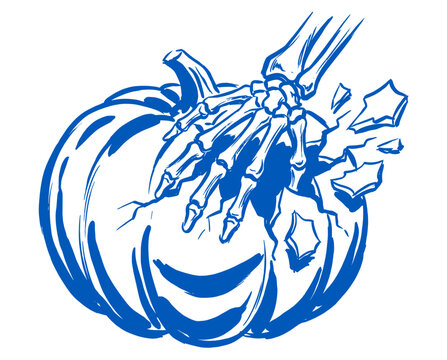 Skeleton hand smashing pumpkin, halloween spooky death art, blue ink line drawing, crushing harvest gourd, scary t-shirt design