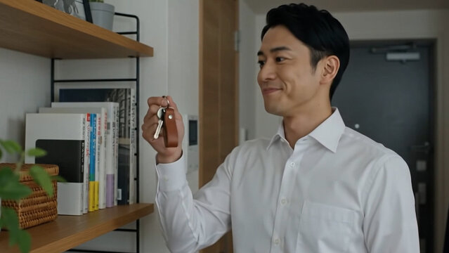 鍵を手に持った笑みを浮かべる男性