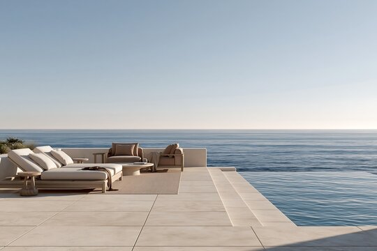 Luxury outdoor terrace with white lounge chairs, a wooden coffee table, and an infinity pool overlooking the calm blue ocean under a clear sky
