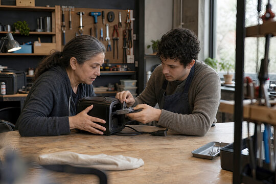 A young man and an older woman collaborating to fix a broken toaster at a community repair cafe workbench with tools in the background.