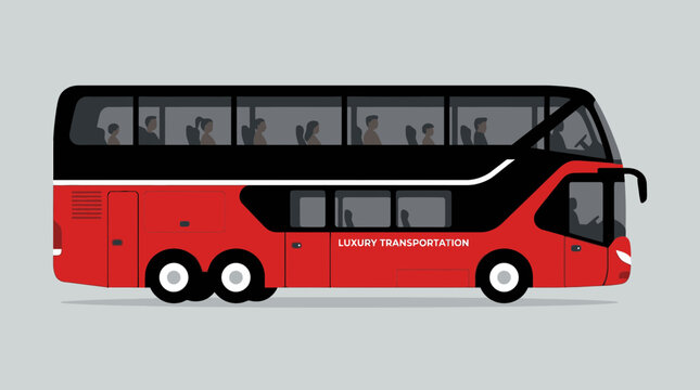 A side view illustration of a modern red and black double decker bus for luxury passenger transportation.