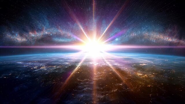 A bright sun rises above the curve of Earth showing light rays spreading across the surface in a cosmic backdrop