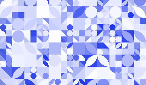 Abstract Blue Geometric Pattern with Circles, Squares and Organic Shapes Bauhaus