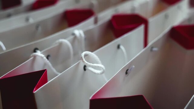 New Year corporate gifts souvenirs presentation for company employees, Christmas party presents exchange, gift bag package for conference participants, gift giving at office work, red white paper bags