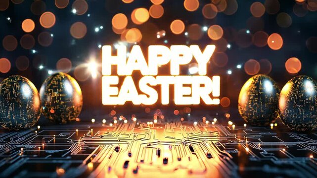 Glowing text shows happy Easter with decorative eggs placed on a digital circuit background during a festive celebration