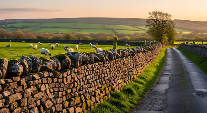 countryside road sunset with old stone wall and sheep