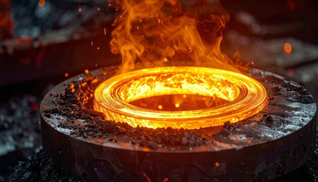 Industrial metal casting process showing a glowing ring of molten iron cooling down in a dark workshop environment with embers and hot sparks.