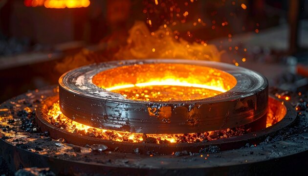 A close up shot of glowing hot molten metal being forged or processed inside an industrial furnace with bright sparks flying in the workshop.
