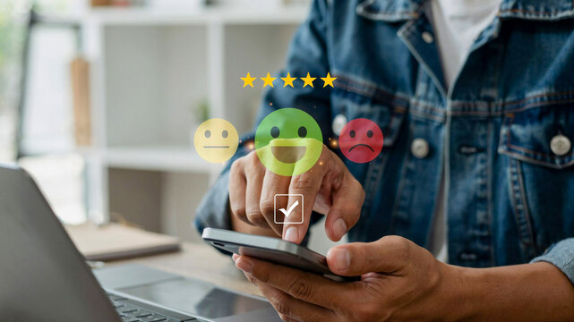 Customer Experience Evaluation with Five Stars and Rating Icons on a Smartphone