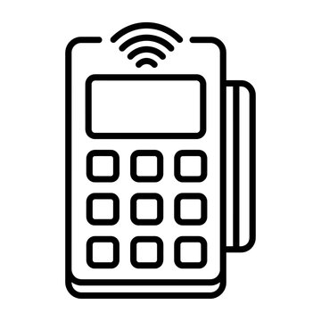 Contactless POS terminal icon, wireless credit card reader vector, digital payment machine line art for retail and banking