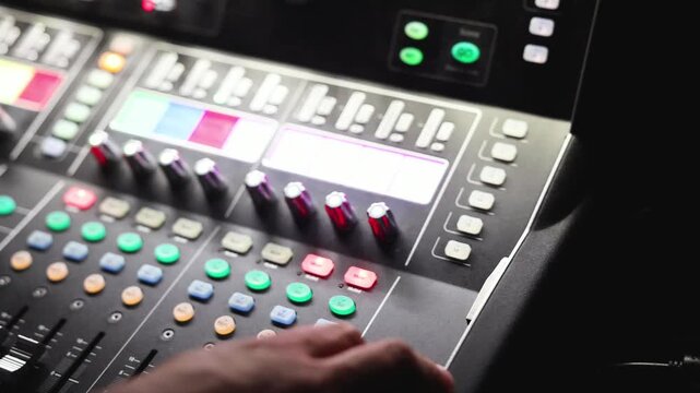 Sound engineer operator working on mixing console workplace during live event concert on stage show broadcast, light mixer controller panel, lighting technician workplace with professional equipment