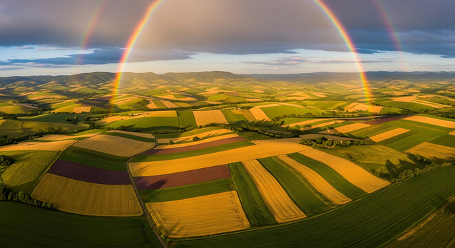 rainbow over valley with rolling hills and patchwork fields