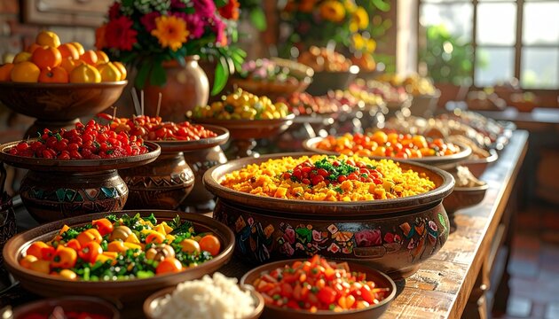 A vibrant rustic buffet display featuring a variety of colorful vegetable dishes arranged in artisanal ceramic bowls on a long wooden table setting.