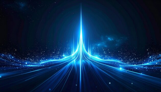 Abstract background featuring glowing blue light rays rising towards a bright central point representing success innovation and digital progress.