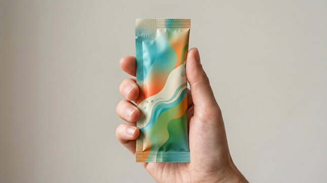 Person holding colorful stick pack sachet