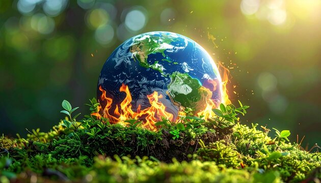 Conceptual image of a burning planet earth globe resting on green moss representing the global warming and environmental climate change crisis.