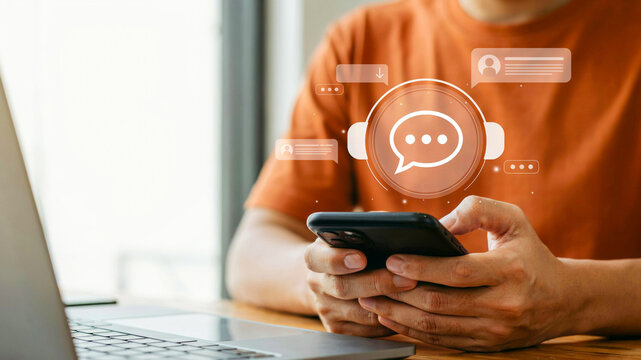 Man using smartphone for online customer support and live chat communication