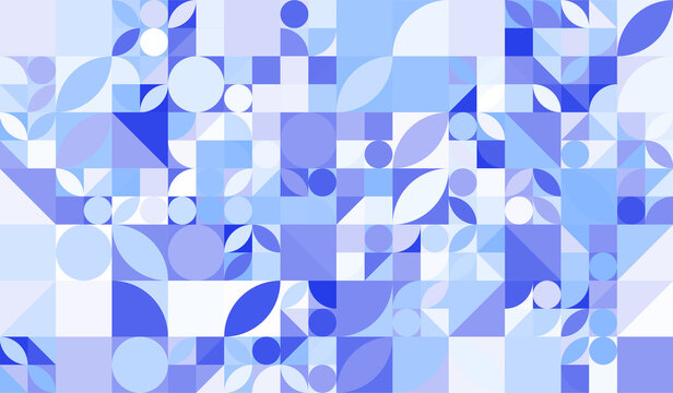 Abstract Blue Geometric Pattern with Circles, Squares and Organic Shapes Bauhaus