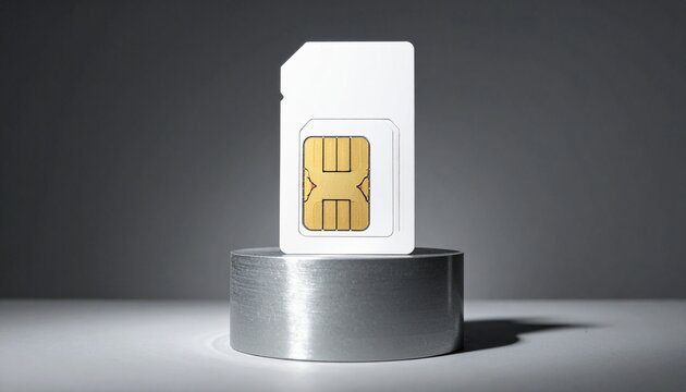 A single white sim card standing upright on a metallic pedestal showcasing advanced mobile telecommunication technology and global connectivity.