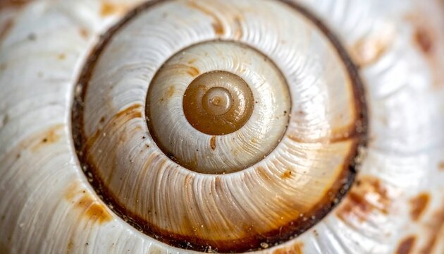 Extreme macro close up detail of a natural spiral snail shell showing organic textures patterns and golden brown swirling lines of the structure.