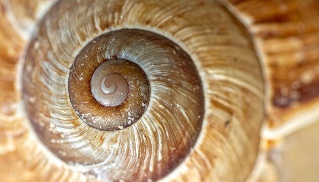 Extreme closeup view of a brown snail shell showing a detailed spiral pattern with natural textures and lines for a beautiful organic background.