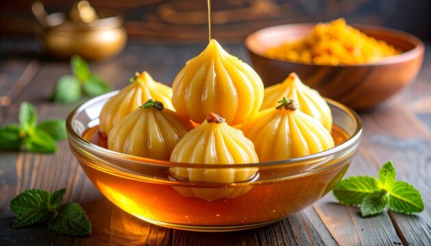 Traditional Indian sweet modak served in a clear glass bowl with honey syrup poured over festive dessert on rustic wooden table background.
