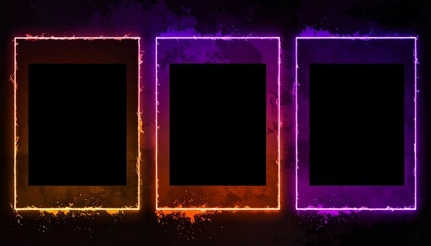 Three rectangular glowing neon frames with vibrant gradient colors on a dark background perfect for creative digital design projects and layouts.