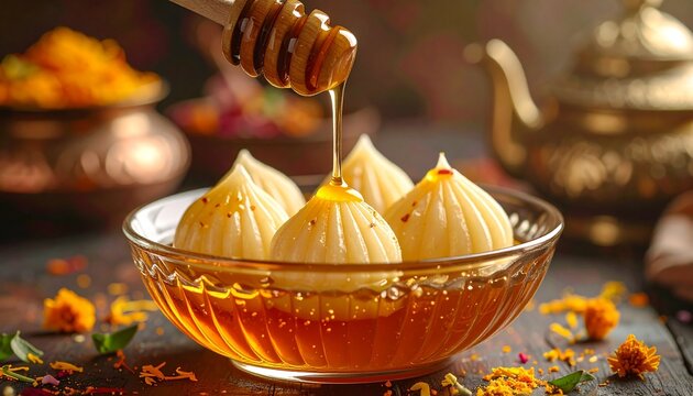 Traditional sweet modak dumplings drizzled with golden honey from a wooden dipper in a glass bowl on a rustic festive table setting background.