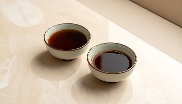 Two small ceramic bowls filled with dark aromatic liquid placed on a smooth polished beige marble surface under soft natural bright daylight.