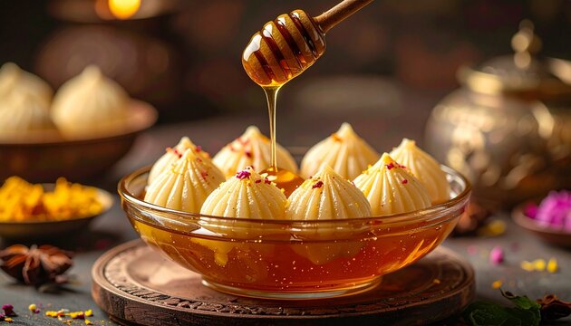 A glass bowl filled with traditional sweet dumplings soaked in golden organic honey with a wooden dipper dripping syrup in a dark rustic kitchen.