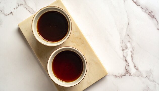 Top view of two small ceramic bowls filled with dark brown liquid sauce placed on a smooth rectangular marble board on a white marble background.