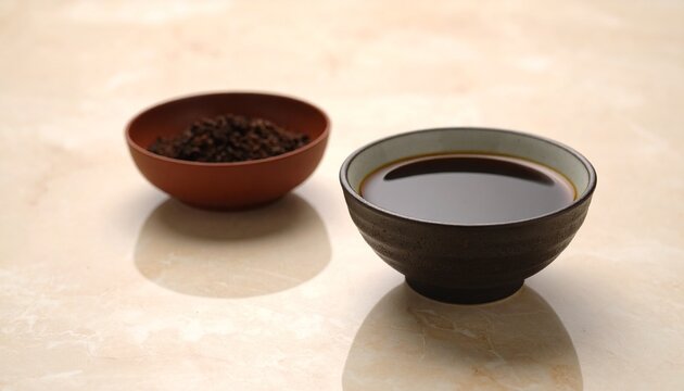 A serene top view of traditional dark herbal medicine preparation with dried plant roots and brewed liquid extract in ceramic bowls on marble.