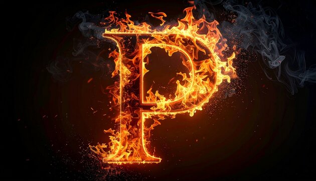 A capital letter P engulfed in intense burning flames and vibrant sparks isolated on a solid black background for artistic graphic design use.