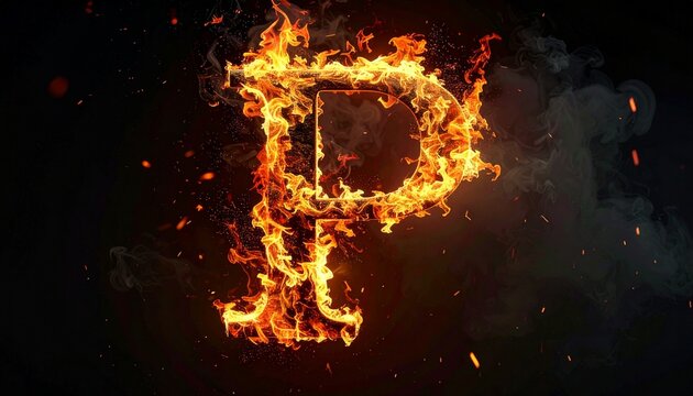 A burning letter P set on fire with bright orange flames and glowing sparks isolated against a dark black background for artistic typography.